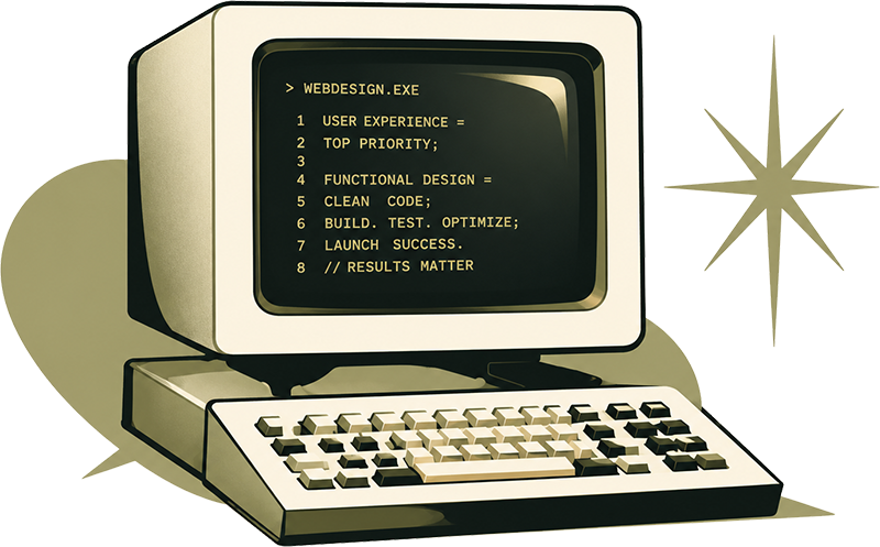 Retro computer illustration representing custom website development for small businesses.