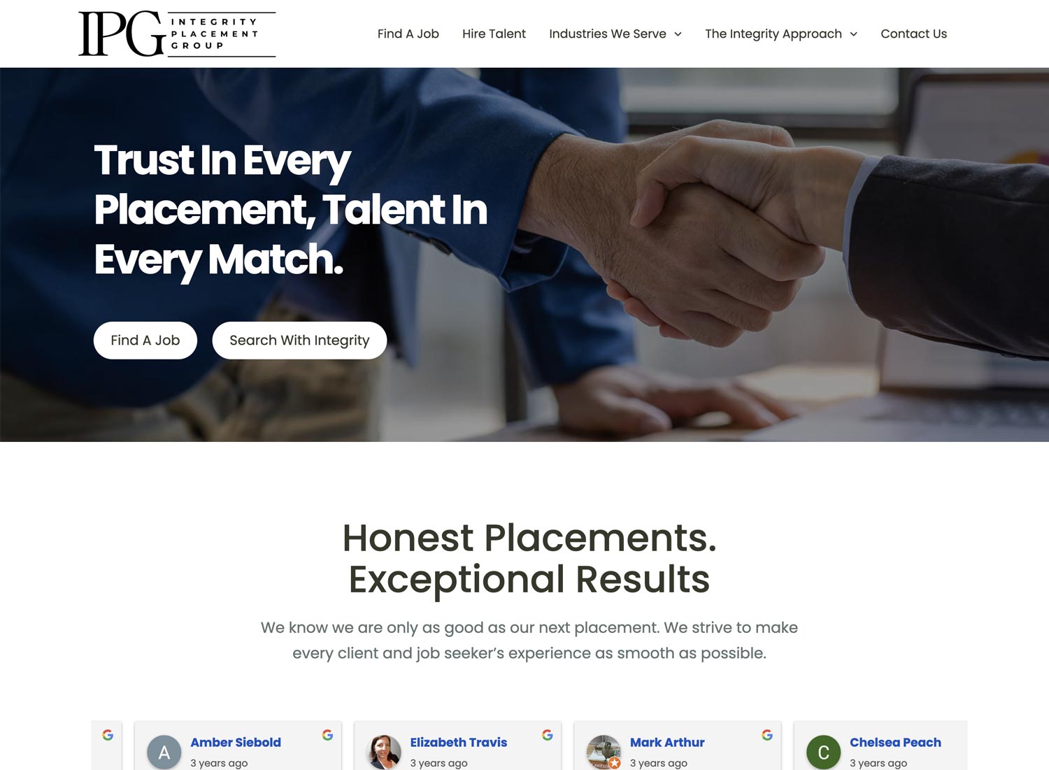 Integrity Placement Group recruiting website displayed in a browser window.