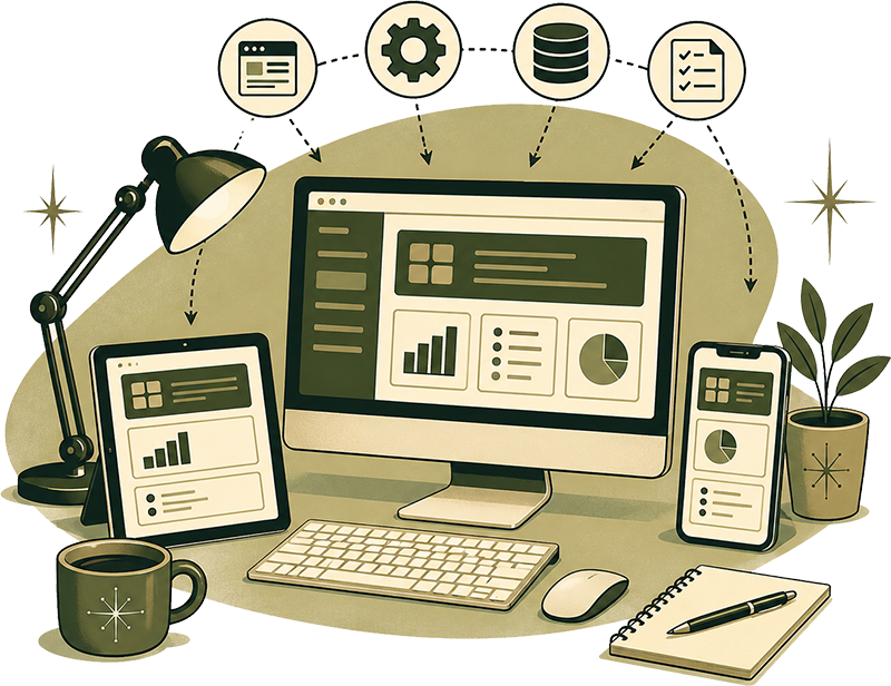 Retro illustration representing custom Progressive Web App development for businesses.