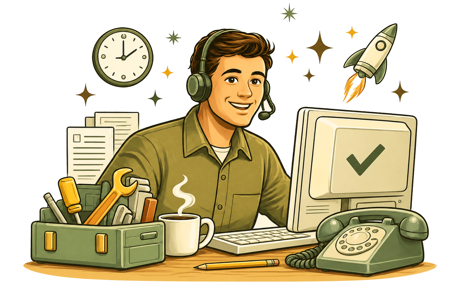 Retro illustration of a Webraven support specialist assisting clients with website and technical issues.