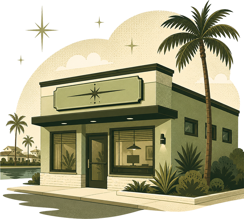 Retro illustration of a small Florida storefront office with a palm tree, representing Webraven's roots as a local web design agency since 1998.