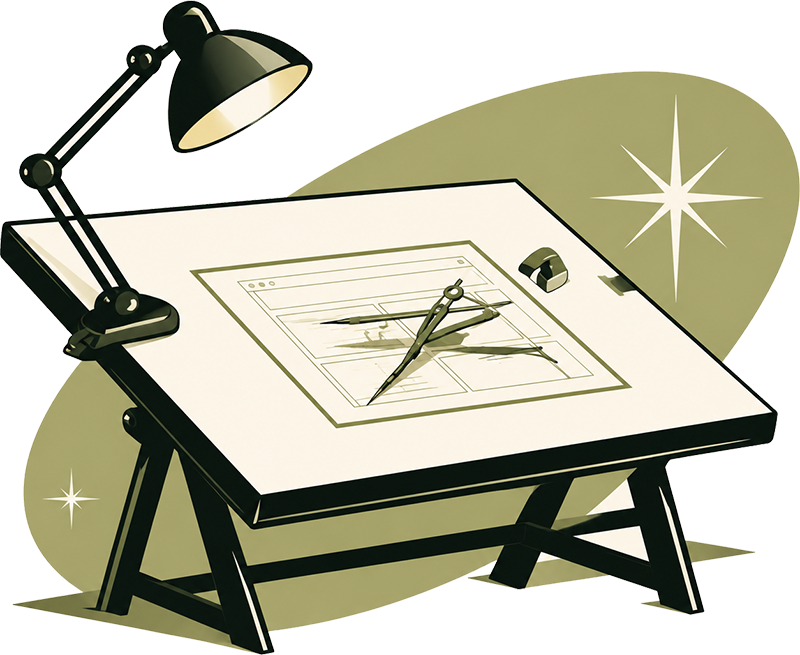 Retro drafting table illustration representing thoughtful website design planning and strategy.
